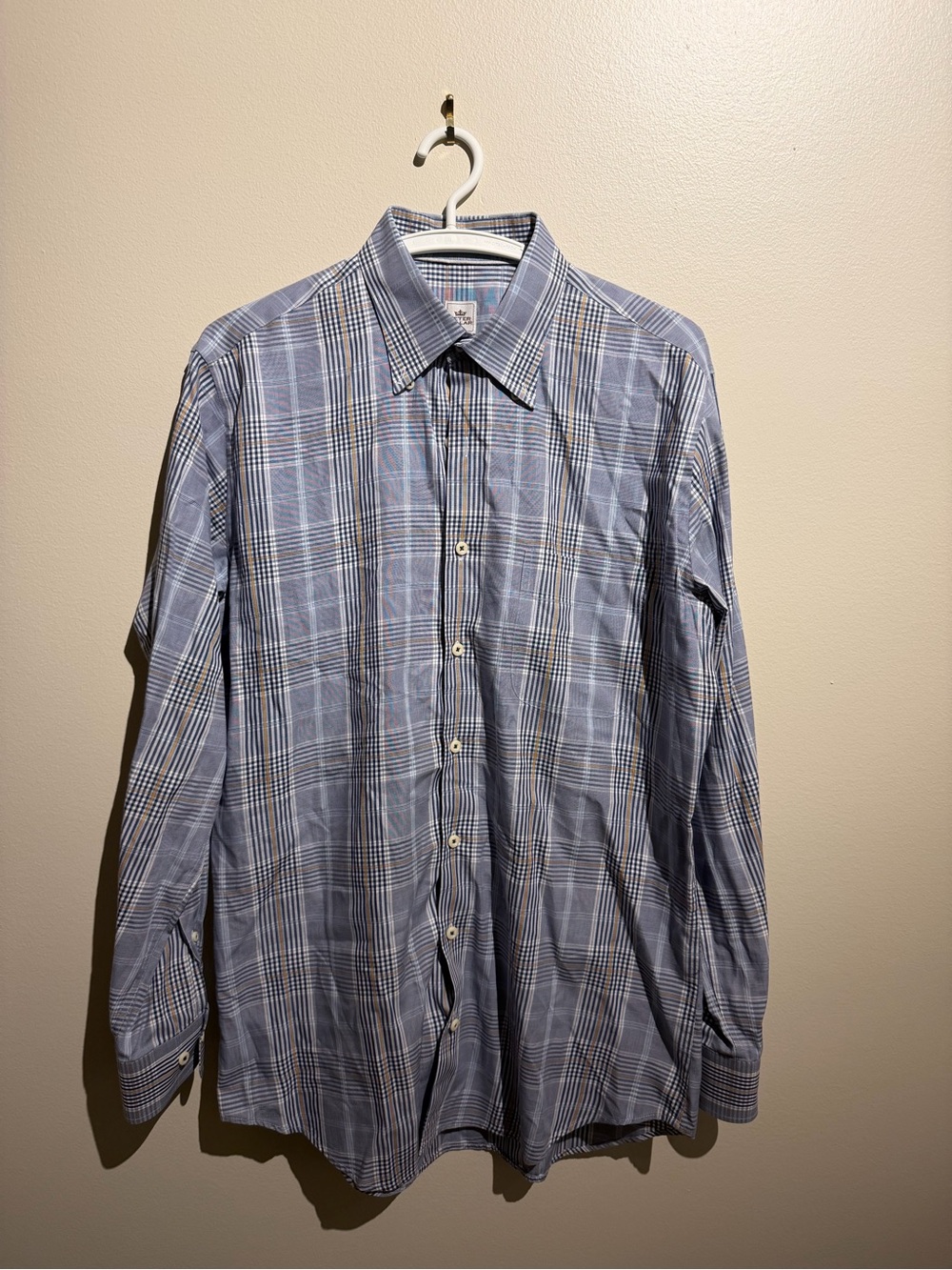 Peter Millar Blue/White/Yellow Plaid Woven Cotton Button-Up Point Collar‎ M